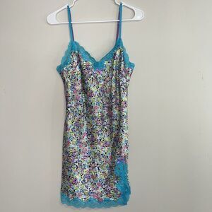 Victoria Secret Small Night Slip Dress Floral Teal side slit colorful